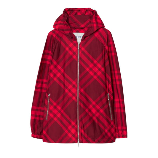 BURBERRY 8079012 Check Nylon Hooded Jacket RIPPLE IP CHECK (Red) JACKET Womens XS