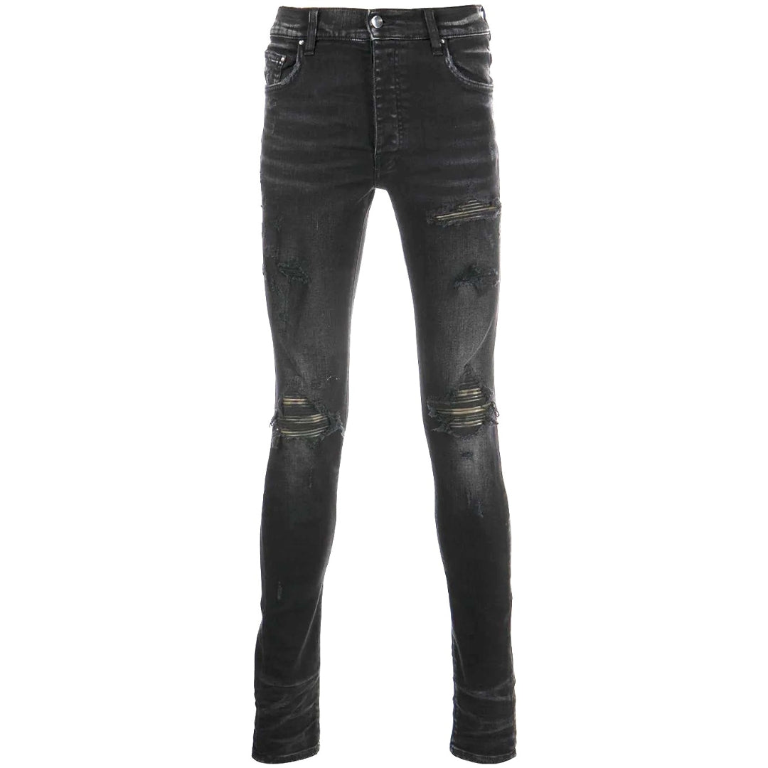 Amiri Leather Camo MX1 Aged Black Jeans