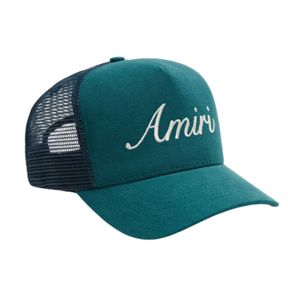 Amiri Script Logo Teal Blue Trucker Hat One Size