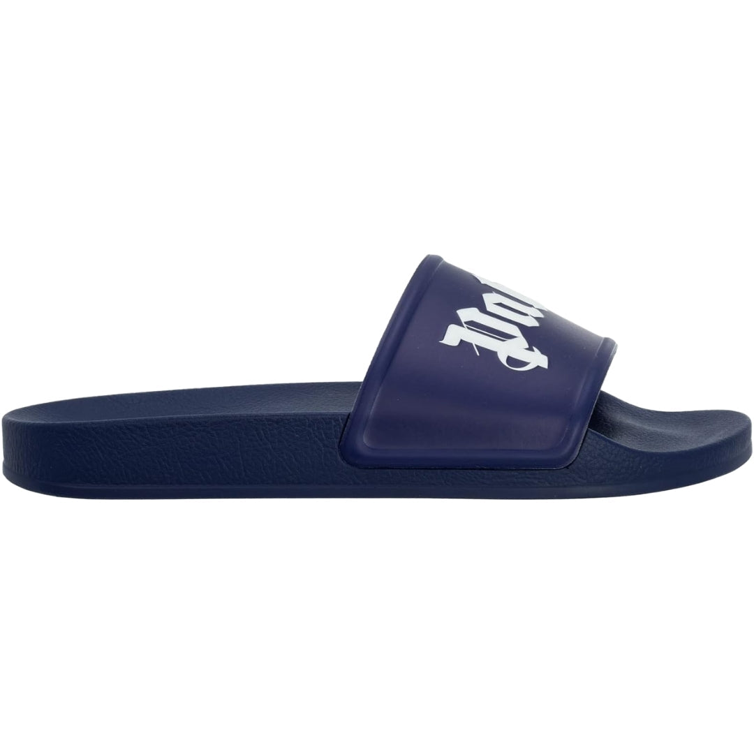 Palm Angels Gothic Print Navy Blue Pool Slides EU 40