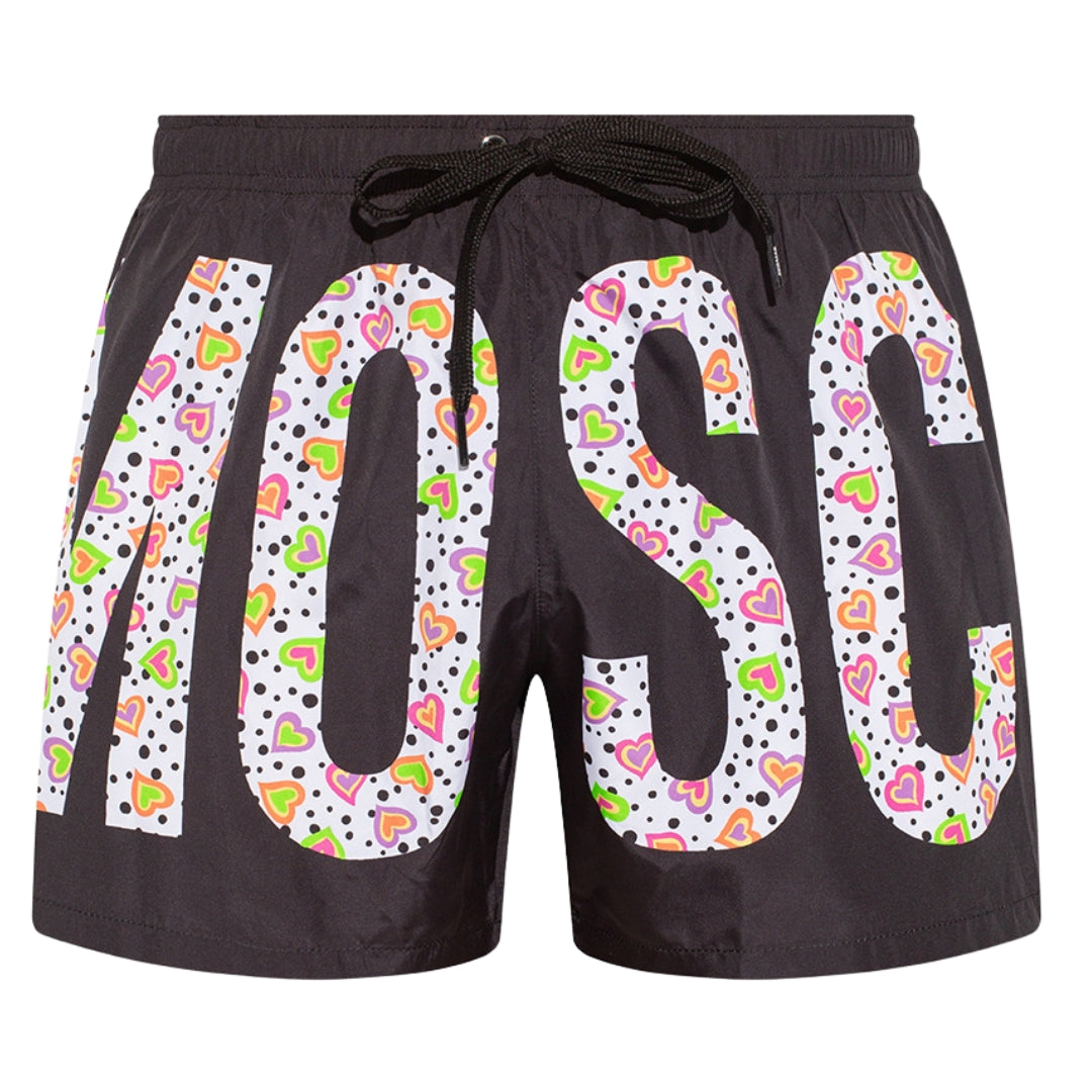 Moschino Large Heart Polka Dot Printed Logo Black Swim Shorts