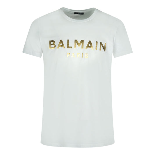 Balmain Paris Gold Brand Logo White T-Shirt