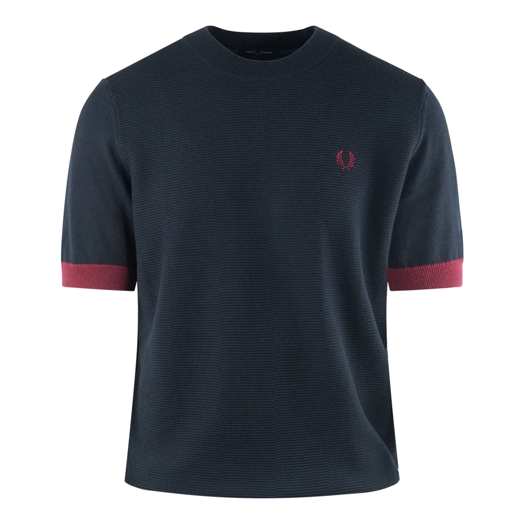 Fred Perry Contrast Trim Laurel Wreath Logo Knitted Navy Blue T-Shirt