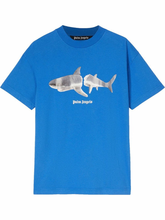 Palm Angels Shark-Print T-Shirt-Blue