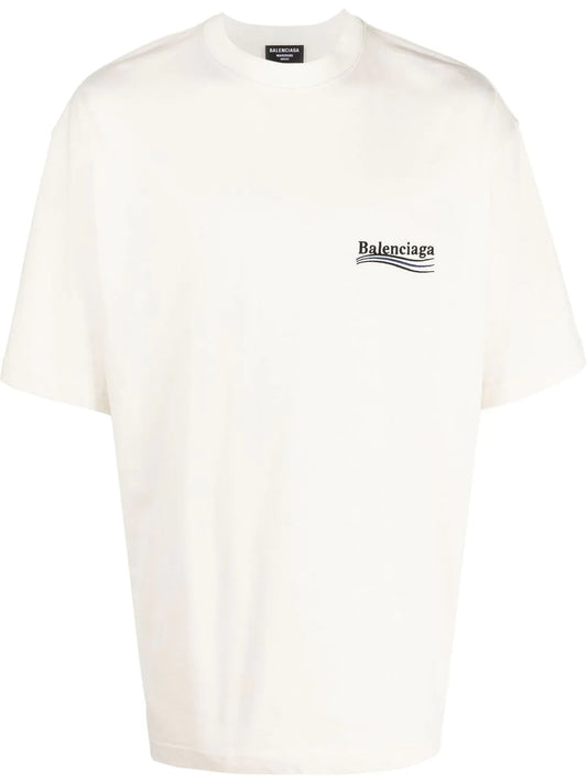 Balenciaga Political Campaign Embroidered Logo Blue Stripe T-Shirt in White